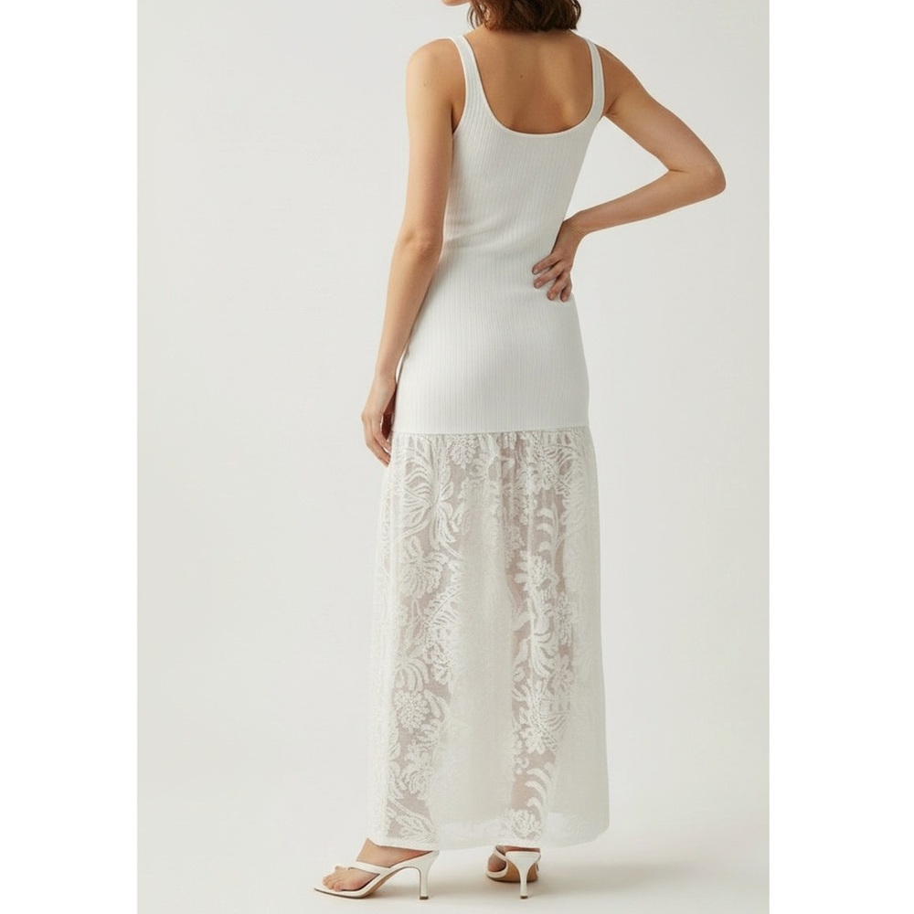 BEC & BRIDGE Rissa Ribbed Knit Dress W/ Mesh Lace Skirt, Ivory, Large - Picture 7 of 15